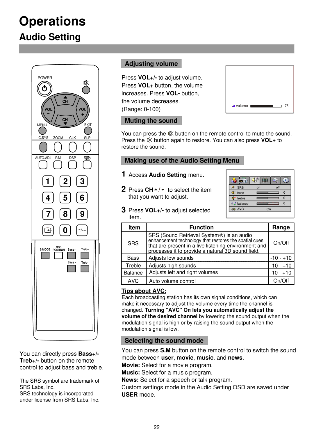 Palsonic TFTV385 Adjusting volume, Muting the sound, Making use of the Audio Setting Menu, Selecting the sound mode 