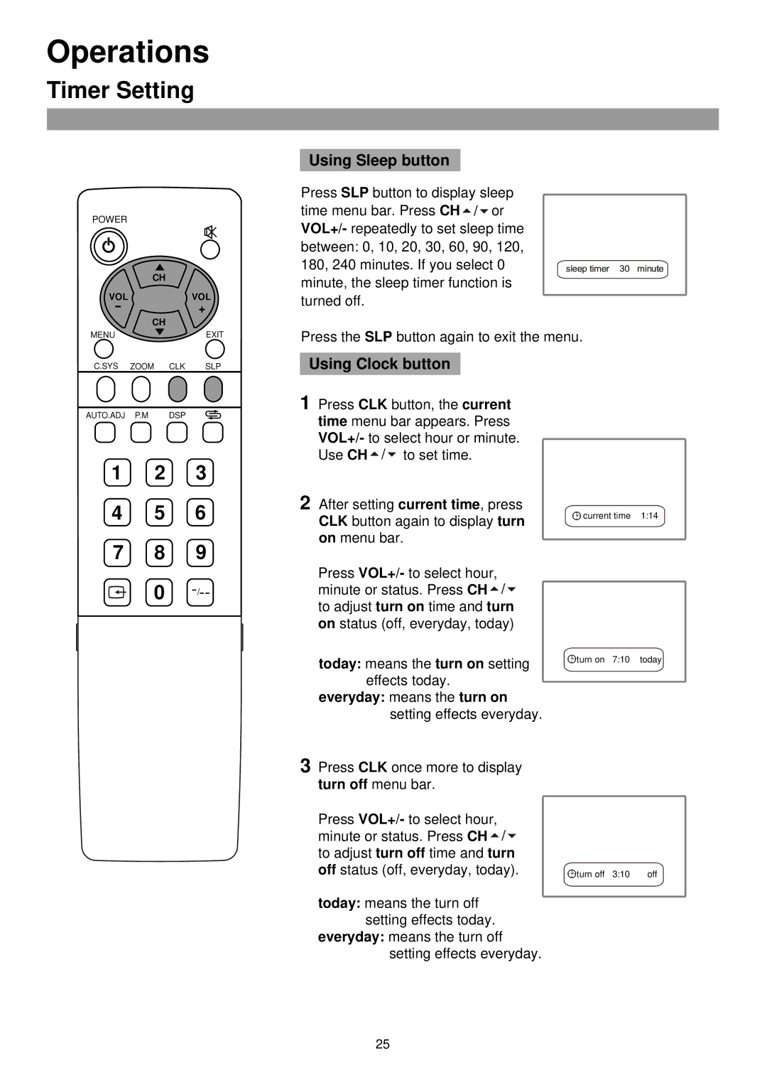 Palsonic TFTV385 owner manual Timer Setting, Using Sleep button, Using Clock button 