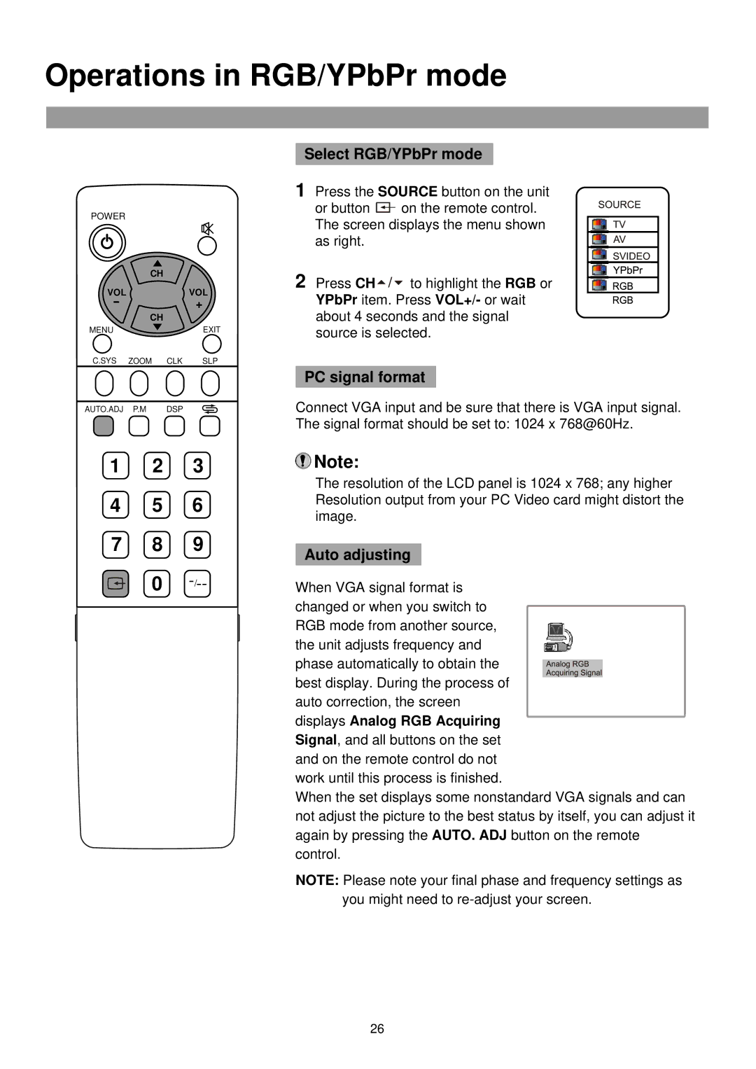 Palsonic TFTV385 owner manual Operations in RGB/YPbPr mode, Select RGB/YPbPr mode, PC signal format, Auto adjusting 