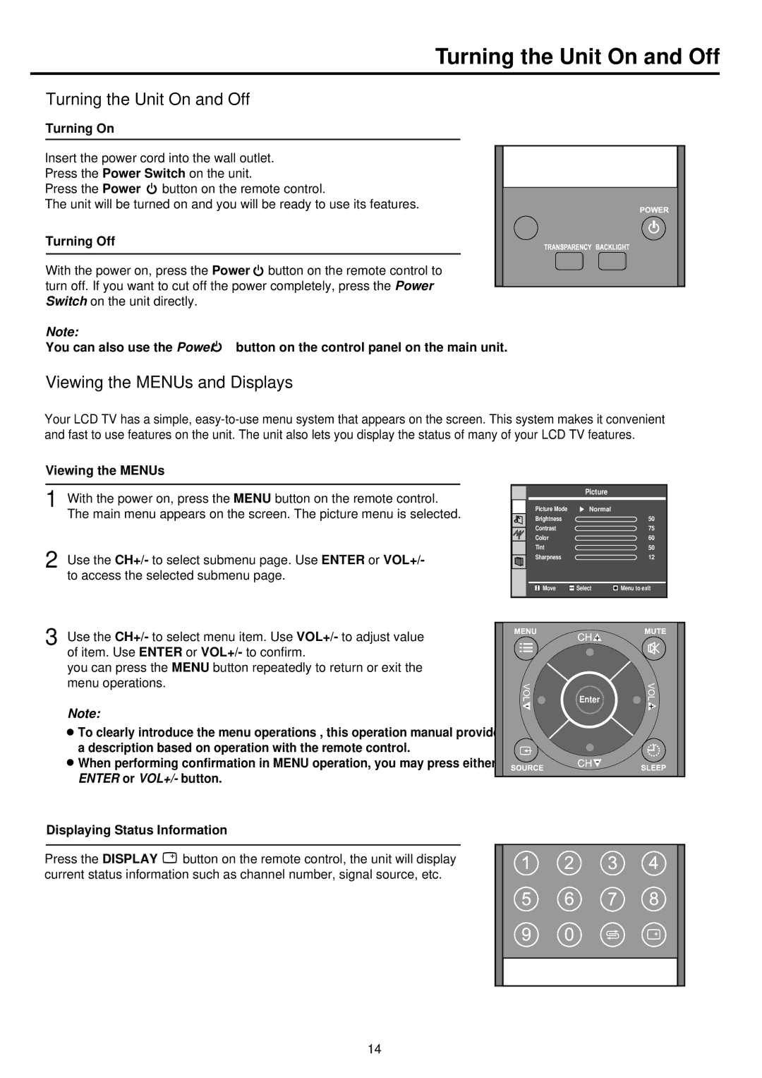 Palsonic TFTV385Y owner manual Turning the Unit On and Off, Viewing the MENUs and Displays 