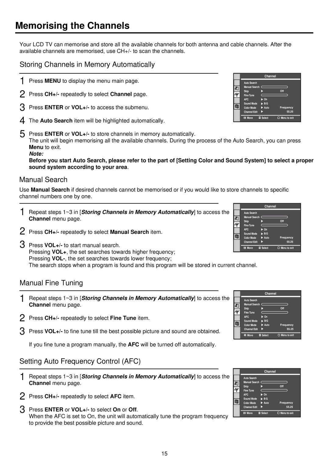 Palsonic TFTV385Y Memorising the Channels, Storing Channels in Memory Automatically, Manual Search, Manual Fine Tuning 