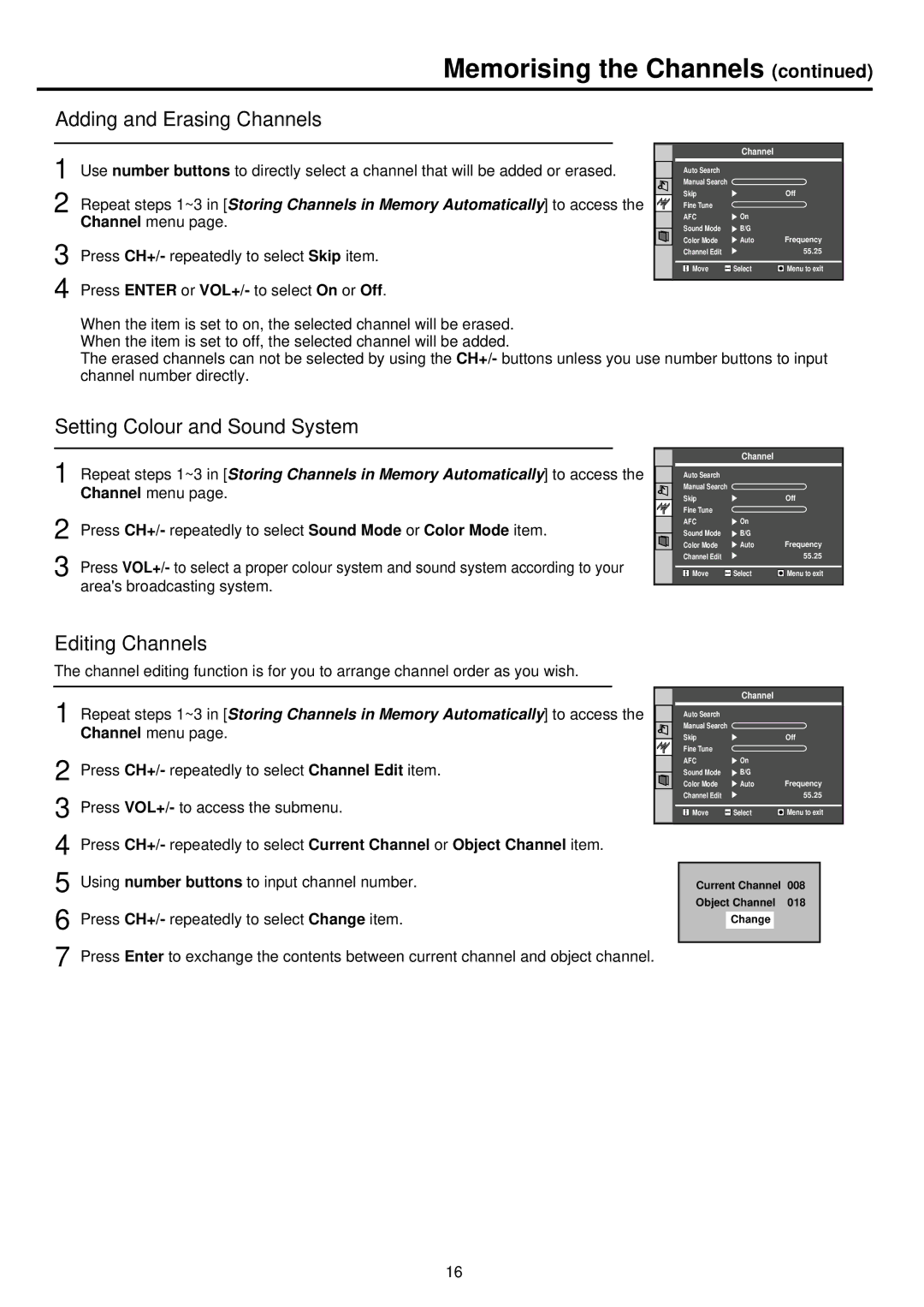 Palsonic TFTV385Y owner manual Adding and Erasing Channels, Setting Colour and Sound System, Editing Channels 