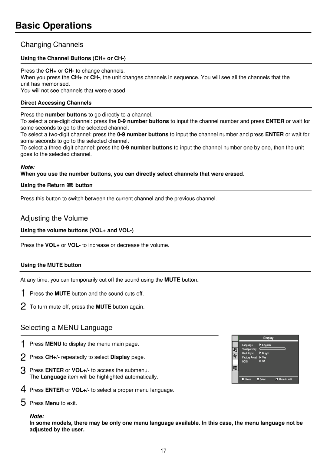 Palsonic TFTV385Y owner manual Basic Operations, Changing Channels, Adjusting the Volume, Selecting a Menu Language 