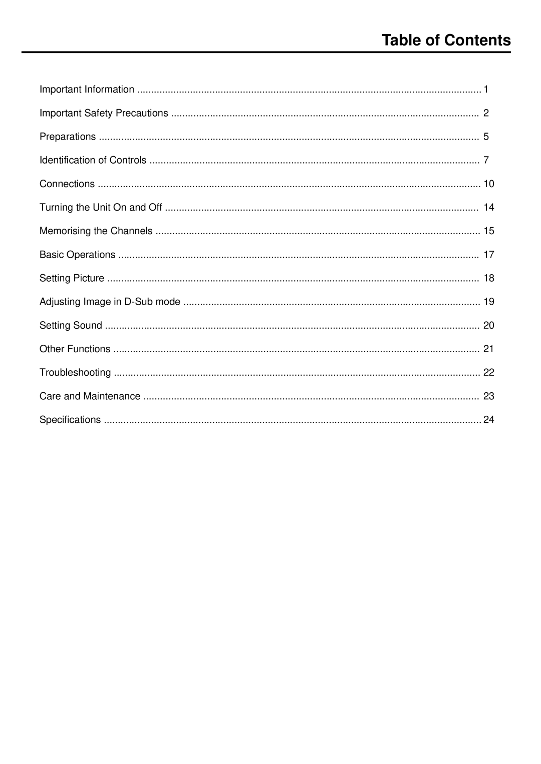 Palsonic TFTV385Y owner manual Table of Contents 