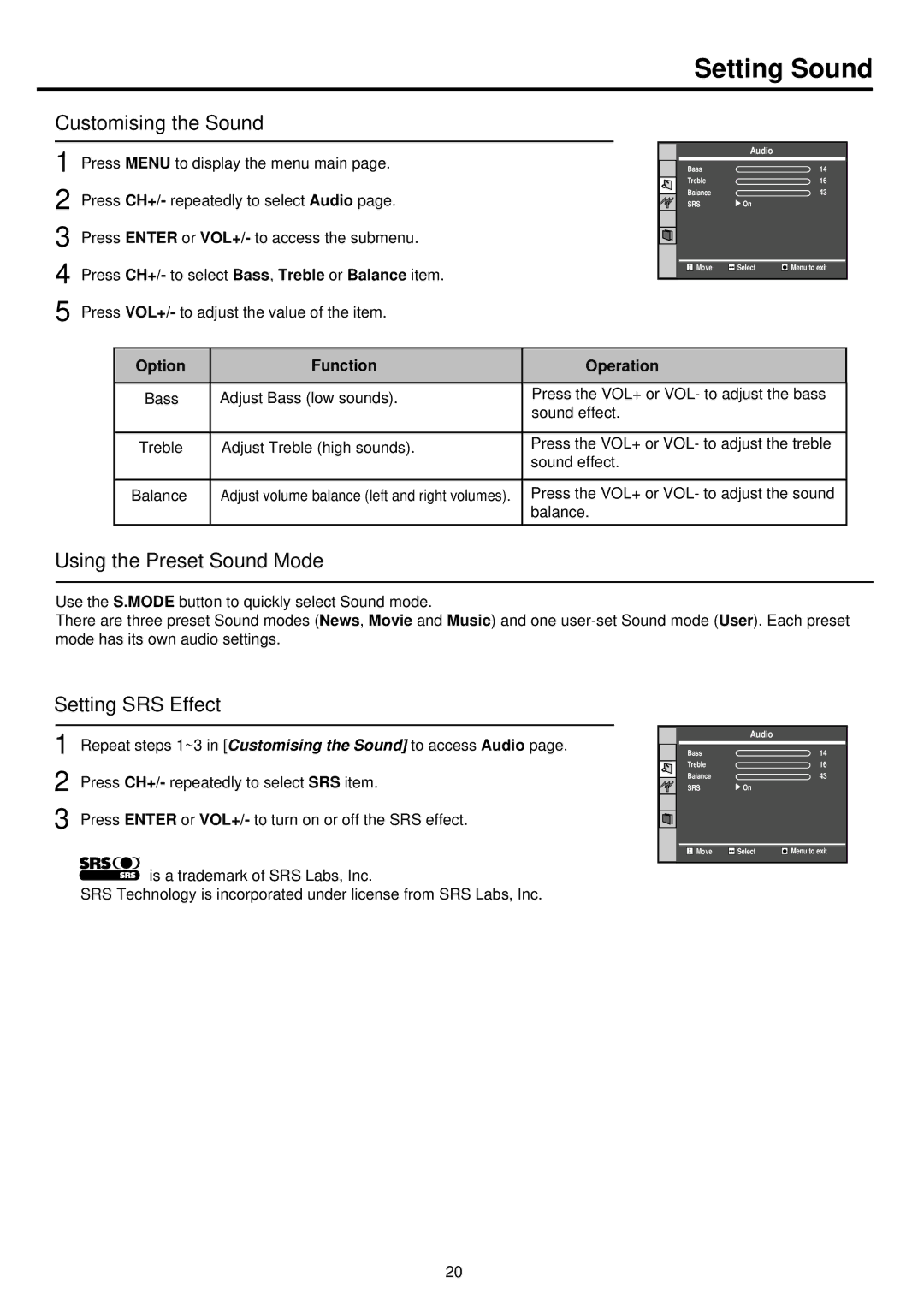 Palsonic TFTV385Y owner manual Setting Sound, Customising the Sound, Using the Preset Sound Mode, Setting SRS Effect 