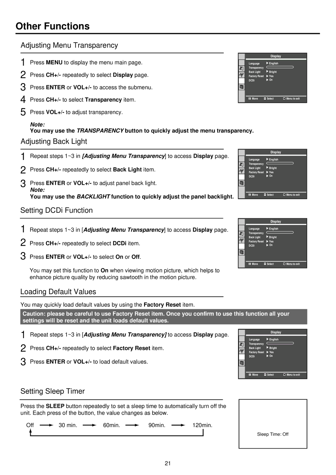 Palsonic TFTV385Y owner manual Other Functions, Adjusting Menu Transparency, Setting Sleep Timer 