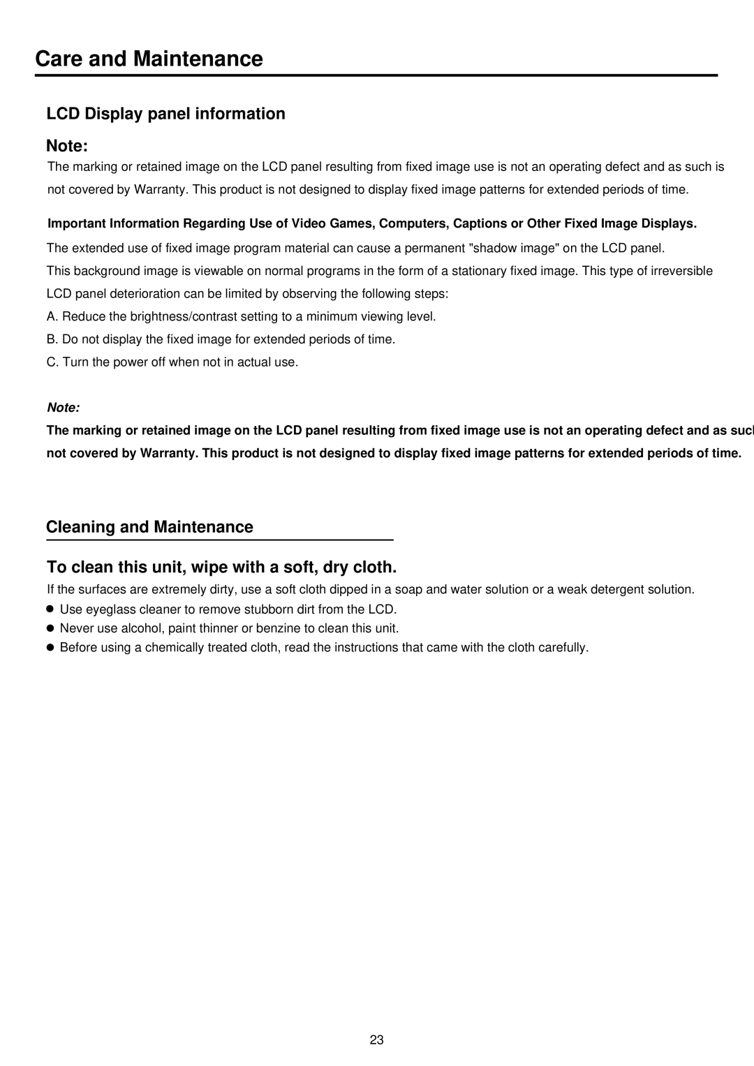 Palsonic TFTV385Y owner manual Care and Maintenance, LCD Display panel information 