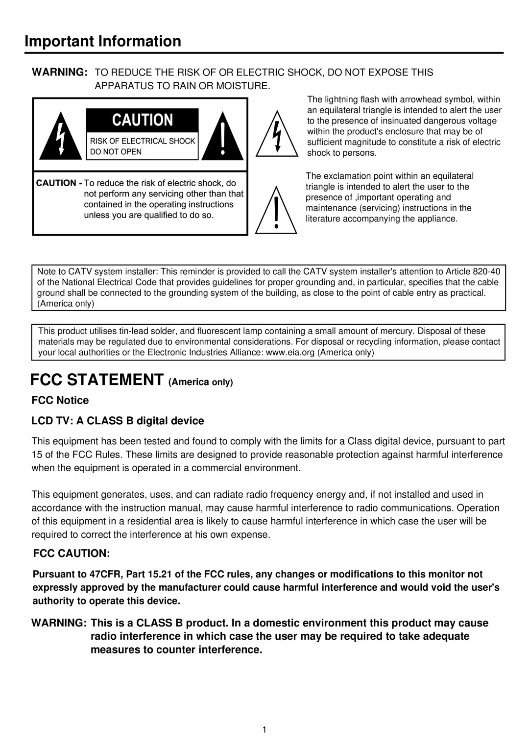 Palsonic TFTV385Y owner manual FCC Statement America only, Important Information 