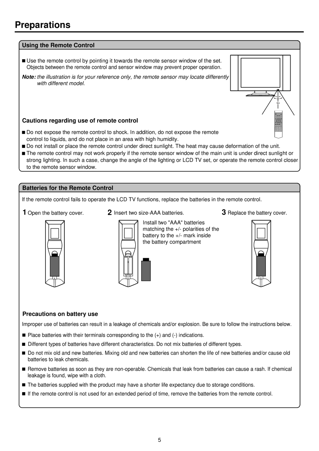 Palsonic TFTV385Y Preparations, Using the Remote Control, Batteries for the Remote Control, Precautions on battery use 