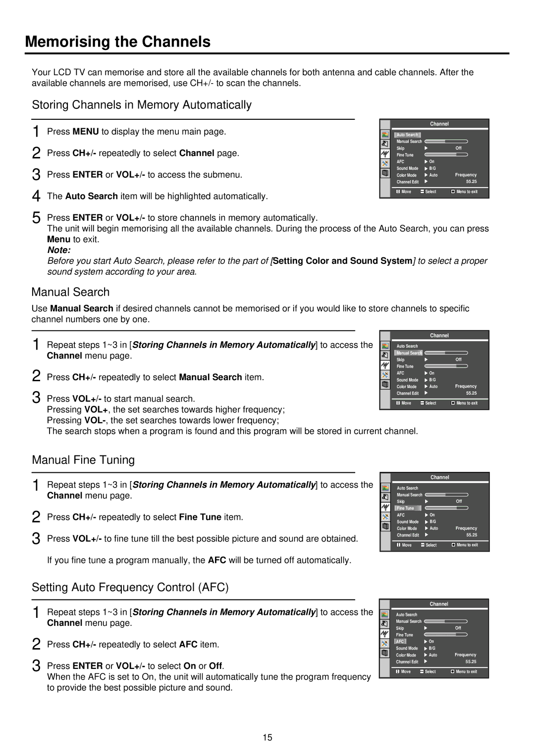 Palsonic TFTV385YM Memorising the Channels, Storing Channels in Memory Automatically, Manual Search, Manual Fine Tuning 