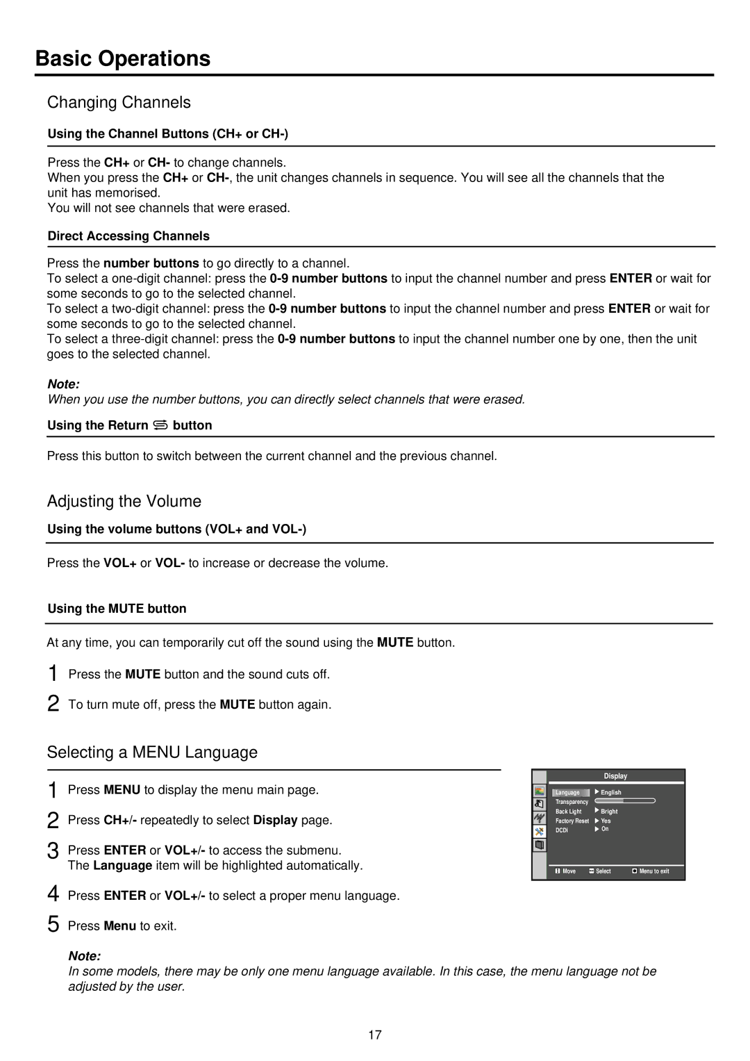 Palsonic TFTV385YM owner manual Basic Operations, Changing Channels, Adjusting the Volume, Selecting a Menu Language 