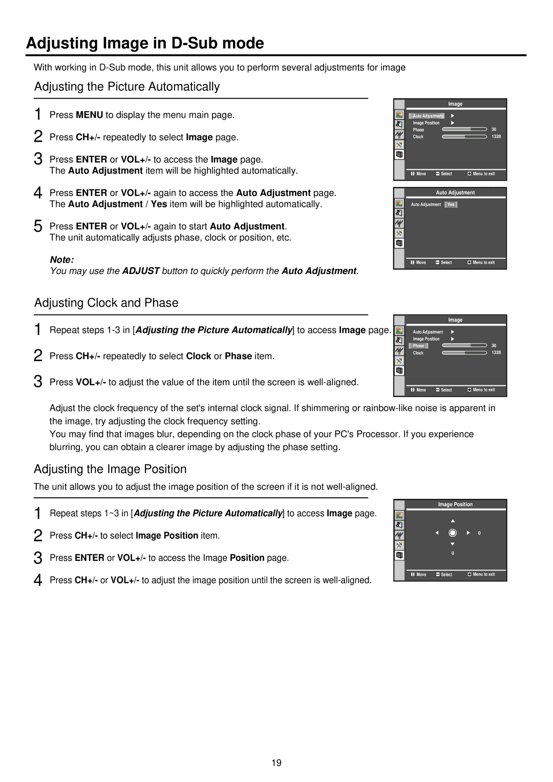 Palsonic TFTV385YM Adjusting Image in D-Sub mode, Adjusting the Picture Automatically, Adjusting Clock and Phase 