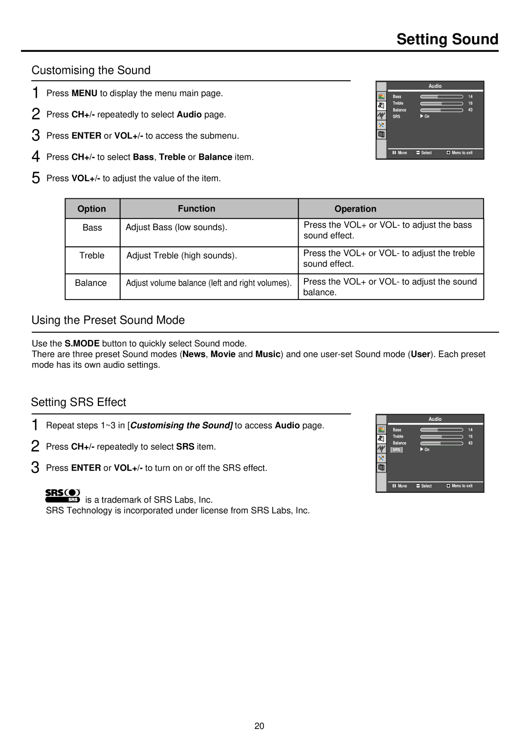 Palsonic TFTV385YM owner manual Setting Sound, Customising the Sound, Using the Preset Sound Mode, Setting SRS Effect 