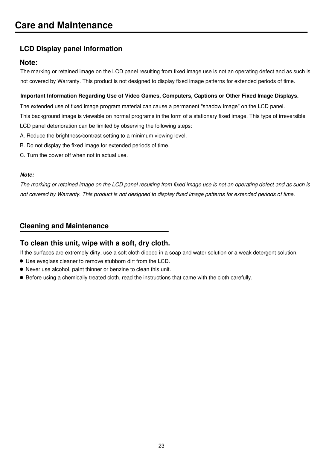 Palsonic TFTV385YM owner manual Care and Maintenance, LCD Display panel information 