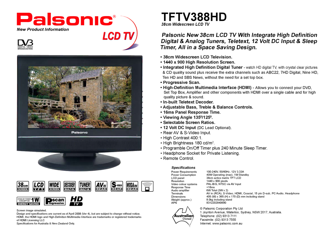 Palsonic TFTV388HD specifications Progressive Scan, New Product Information, Specifications 