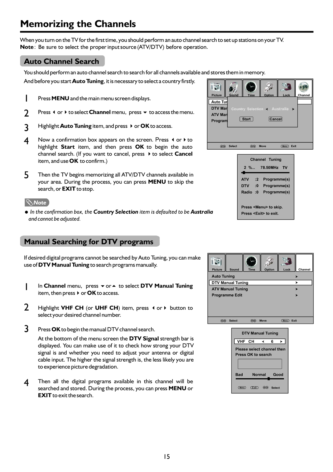 Palsonic TFTV4200FHD owner manual Memorizing the Channels, Auto Channel Search, Manual Searching for DTV programs 