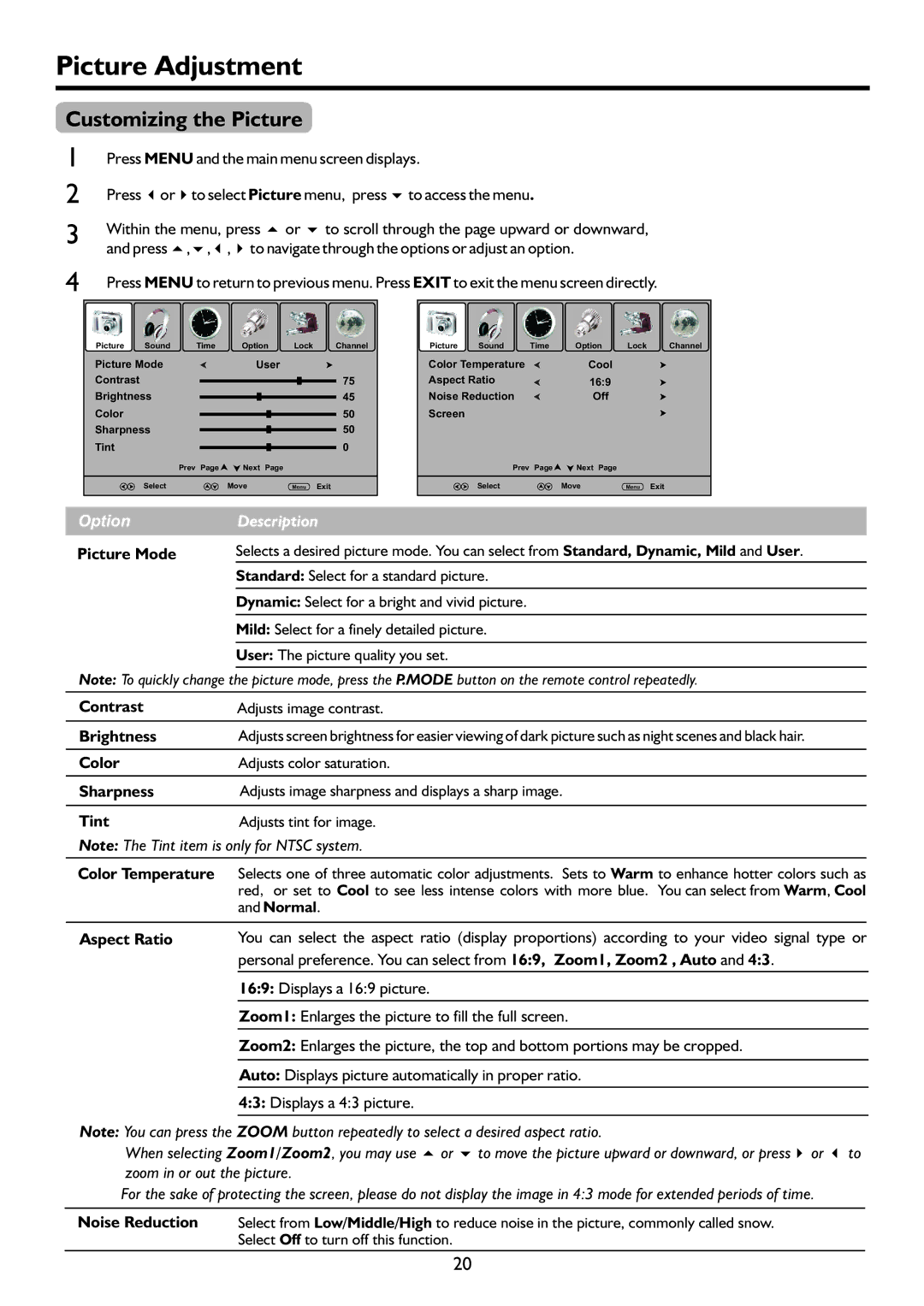 Palsonic TFTV4200FHD owner manual Picture Adjustment, Customizing the Picture 