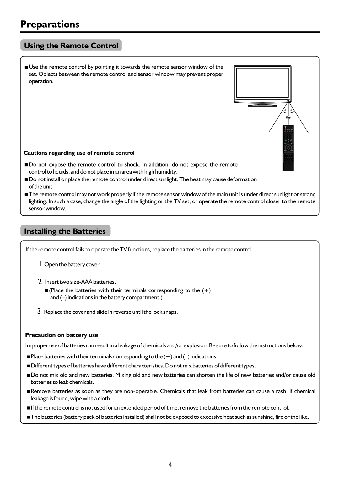 Palsonic TFTV4200FHD owner manual Preparations, Using the Remote Control, Installing the Batteries 