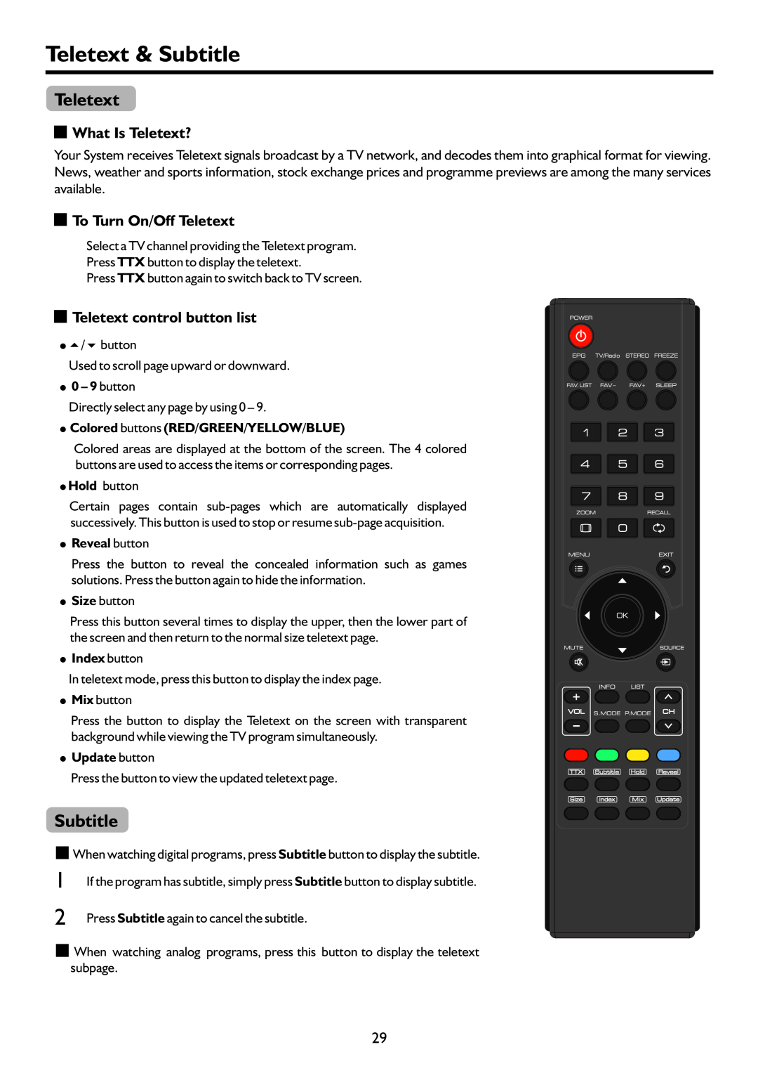 Palsonic TFTV4200FHD Teletext & Subtitle, What Is Teletext?, To Turn On/Off Teletext, Teletext control button list 