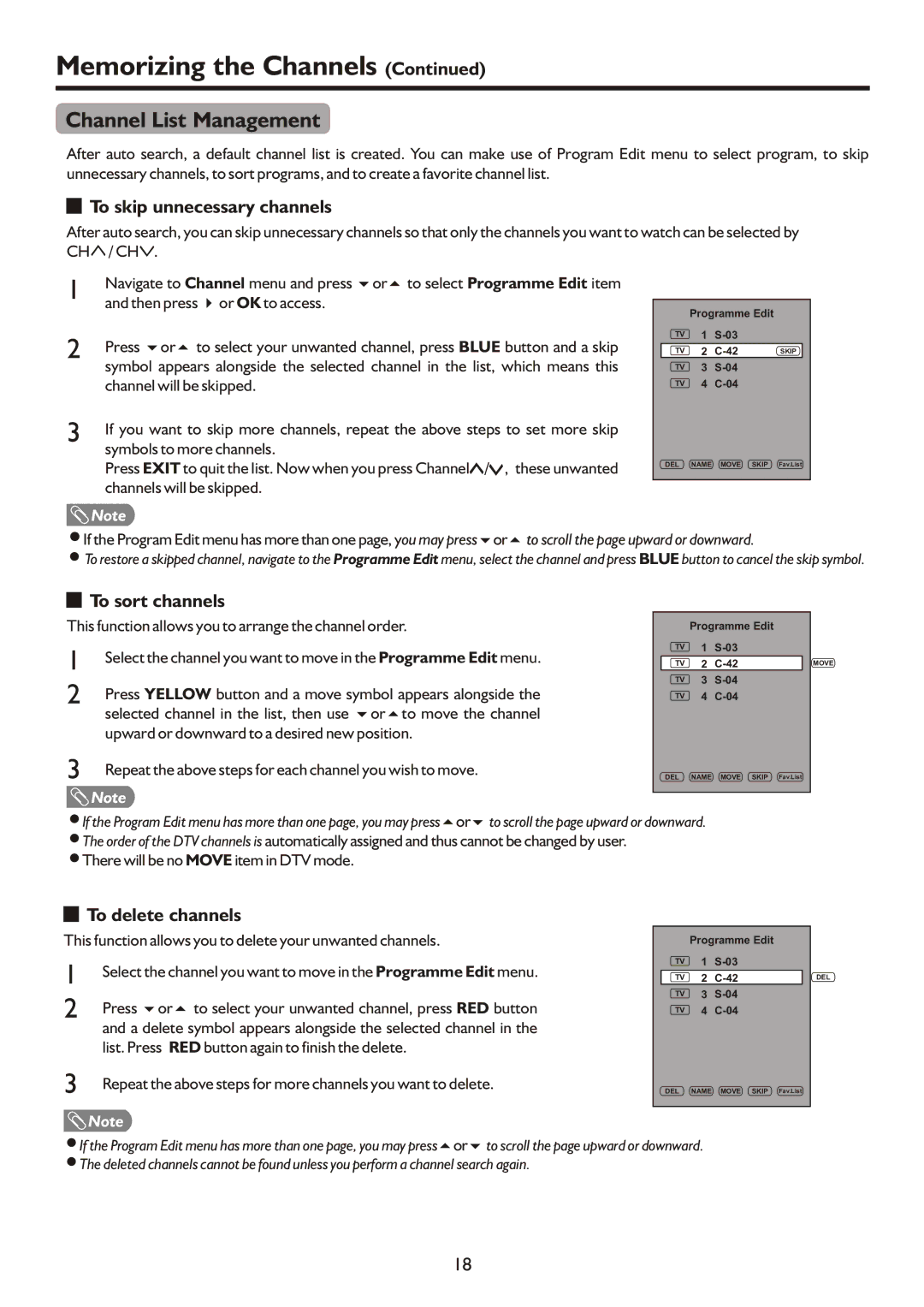 Palsonic TFTV421080HD Channel List Management, To skip unnecessary channels, To sort channels, To delete channels 