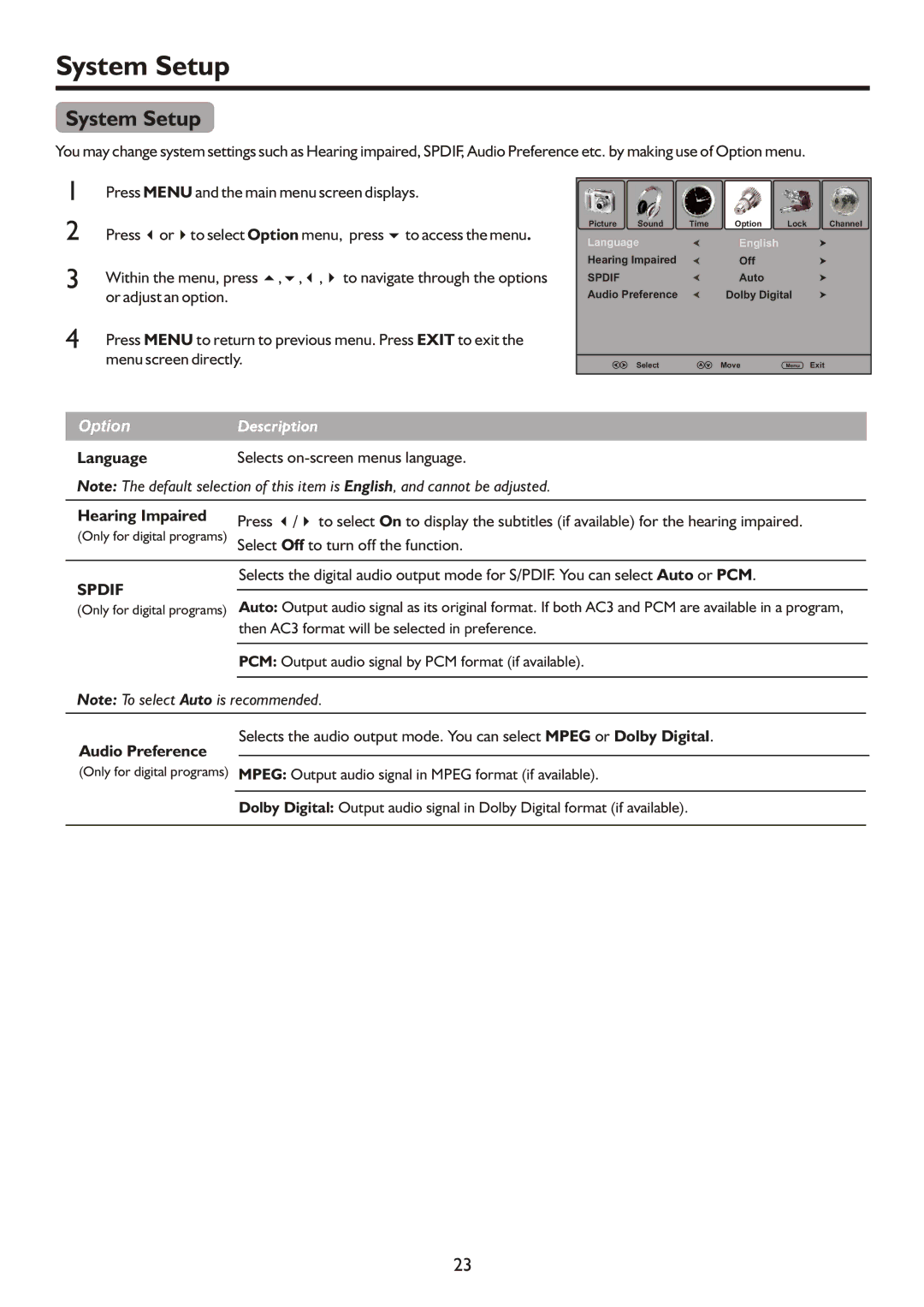 Palsonic TFTV421080HD owner manual System Setup, Language, Hearing Impaired, Audio Preference 