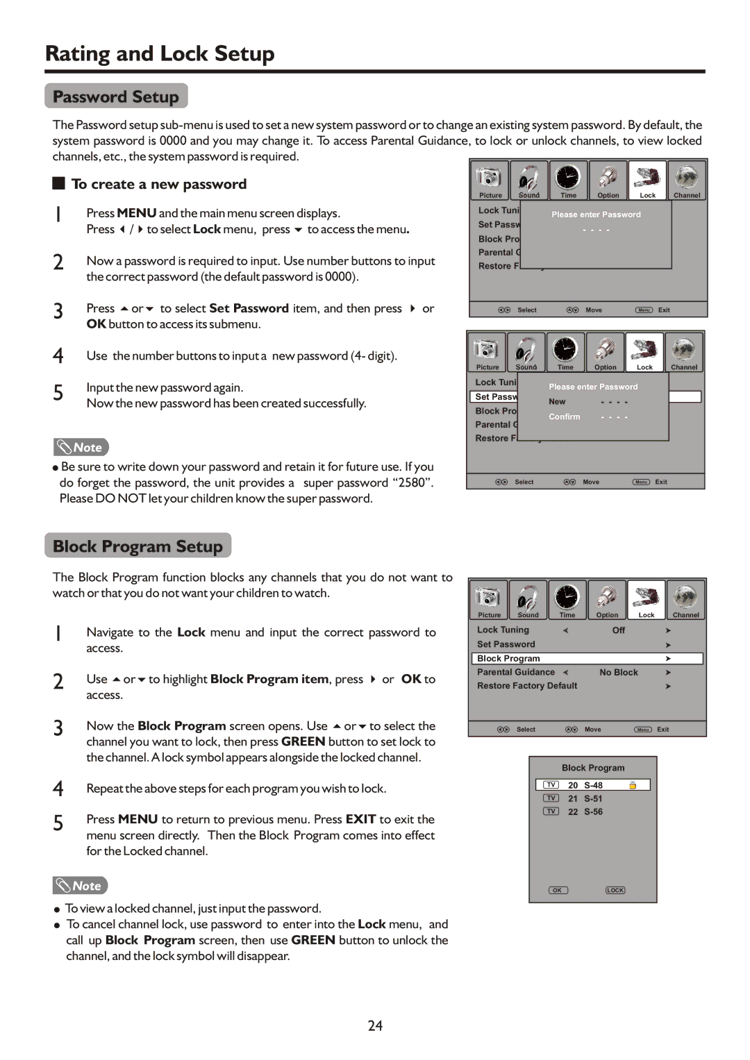 Palsonic TFTV421080HD owner manual Rating and Lock Setup, Password Setup, Block Program Setup, To create a new password 