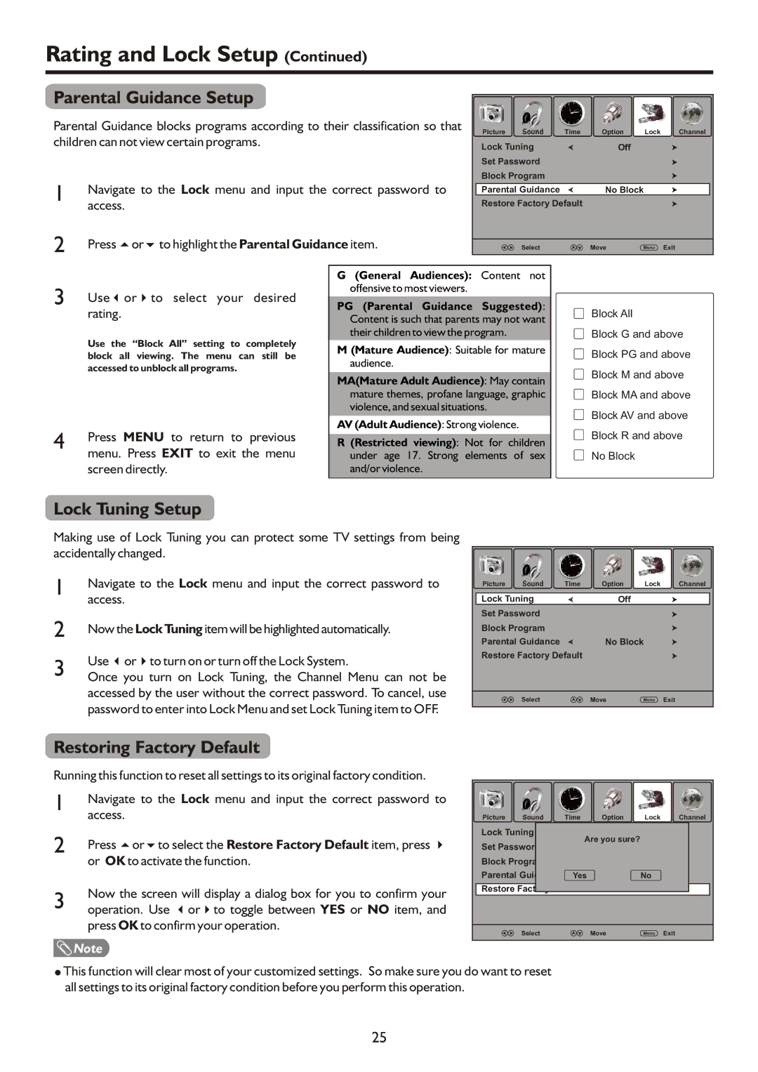 Palsonic TFTV421080HD owner manual Parental Guidance Setup, Lock Tuning Setup, Restoring Factory Default 