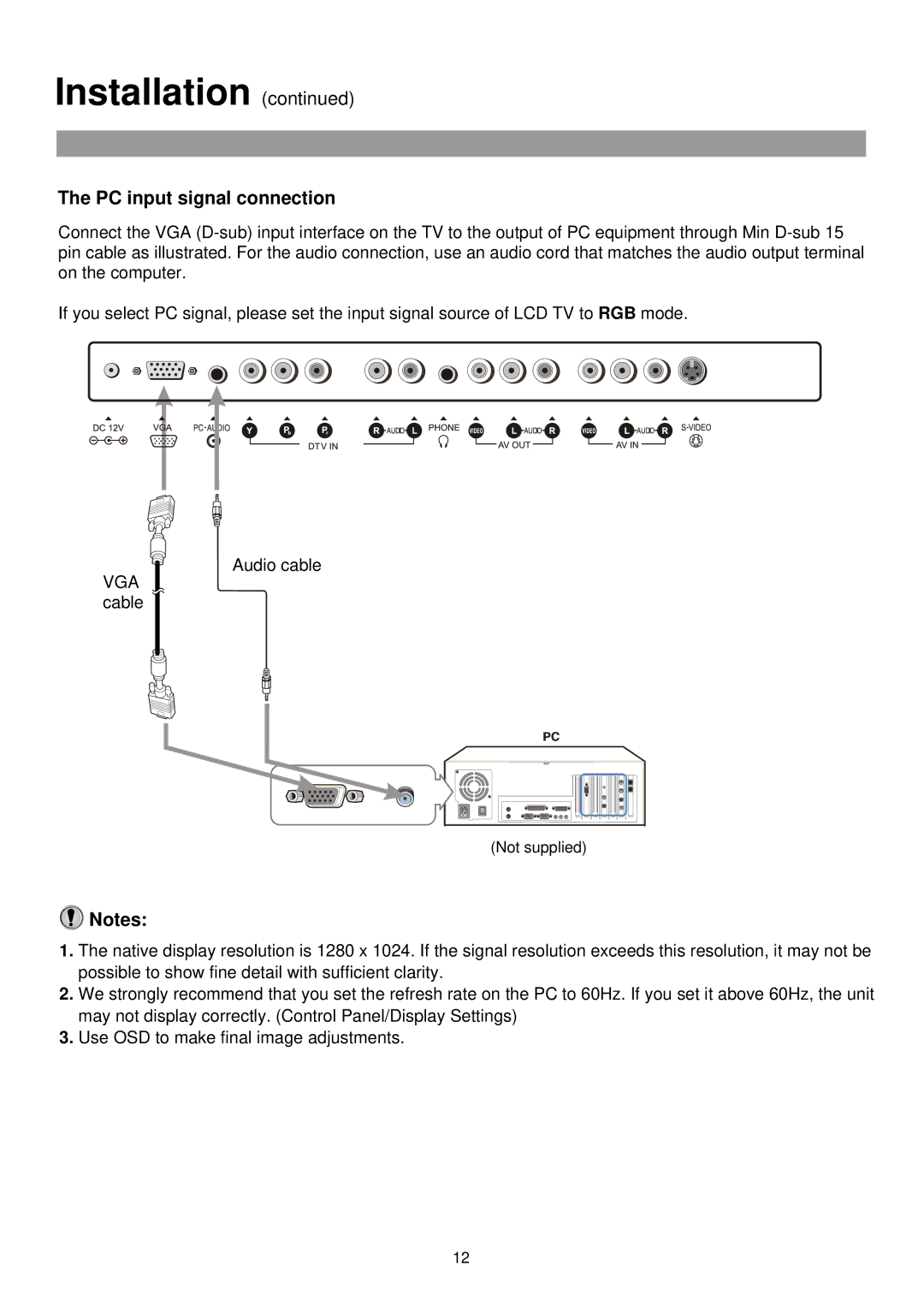 Palsonic TFTV435 owner manual PC input signal connection 