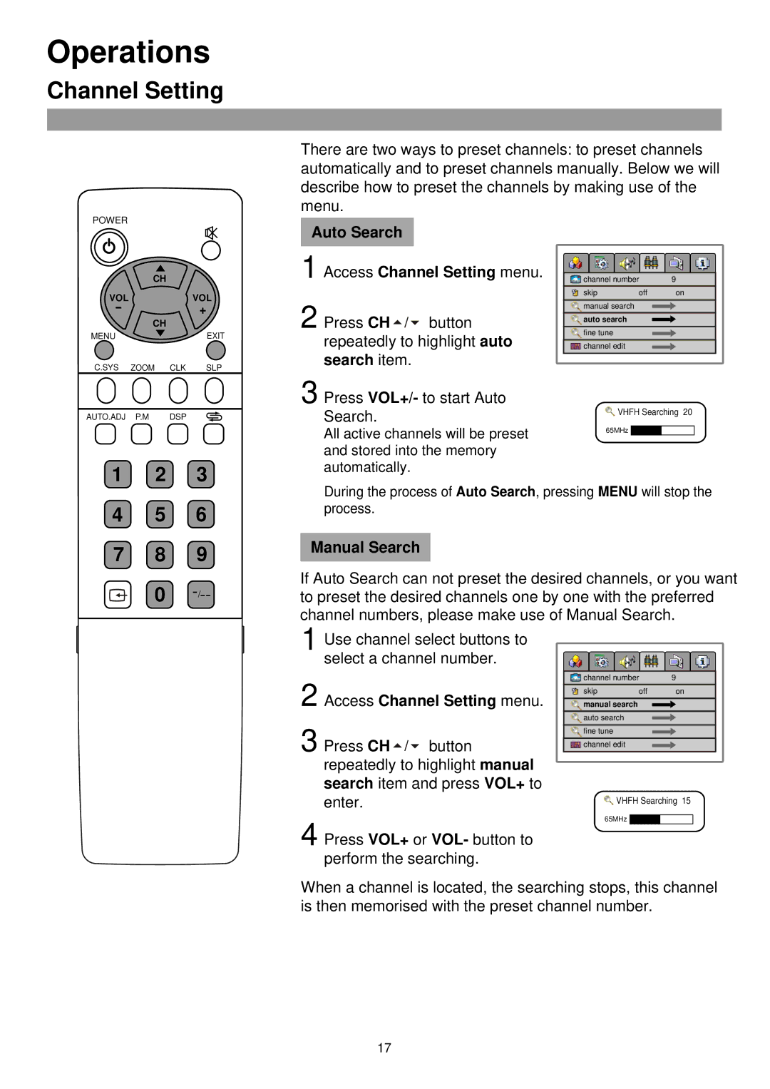 Palsonic TFTV435 owner manual Operations, Channel Setting 