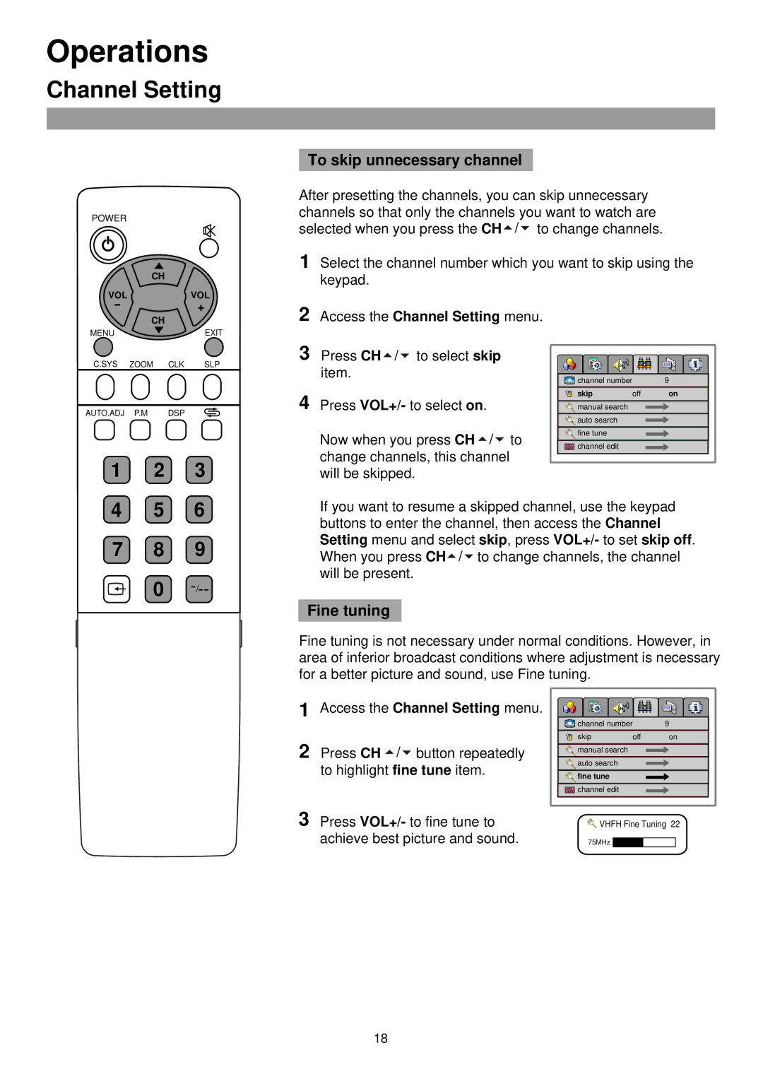 Palsonic TFTV435 owner manual To skip unnecessary channel, Fine tuning 