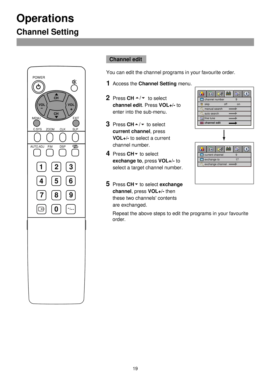 Palsonic TFTV435 owner manual Channel edit . Press VOL+/- to, Current channel , press, Exchange to, press VOL+/- to 