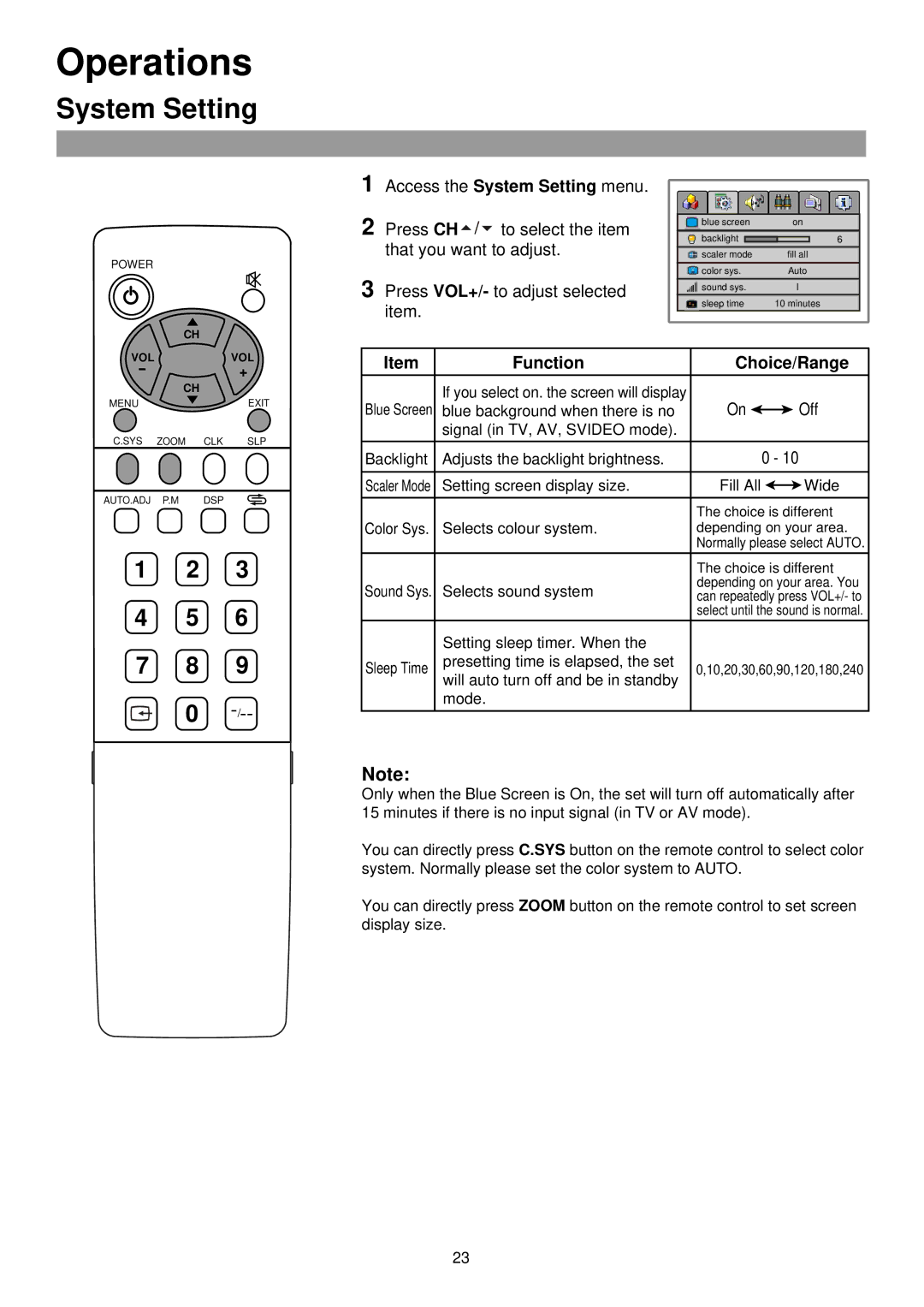 Palsonic TFTV435 owner manual System Setting, Function Choice/Range 