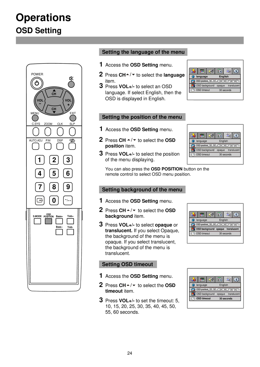 Palsonic TFTV435 OSD Setting, Setting the language of the menu, Setting the position of the menu, Setting OSD timeout 