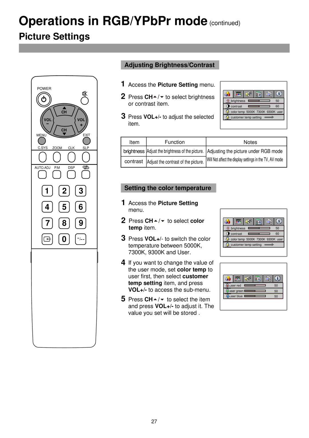 Palsonic TFTV435 owner manual Picture Settings, Adjusting Brightness/Contrast, Setting the color temperature 