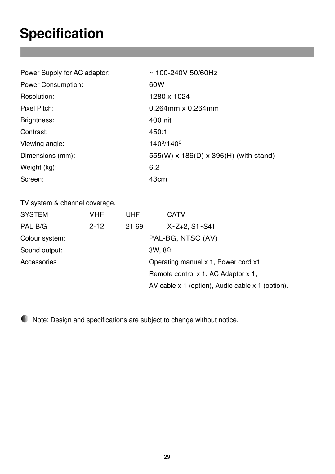 Palsonic TFTV435 owner manual Specification, PAL-BG, Ntsc AV 