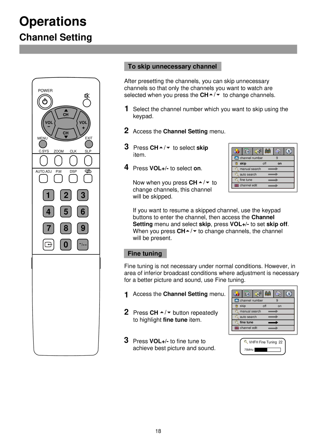 Palsonic TFTV435WS owner manual To skip unnecessary channel, Fine tuning 