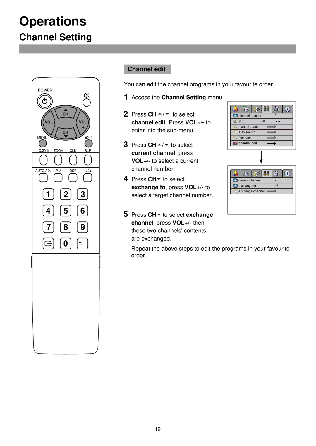 Palsonic TFTV435WS owner manual Channel edit . Press VOL+/- to, Current channel , press, Exchange to, press VOL+/- to 