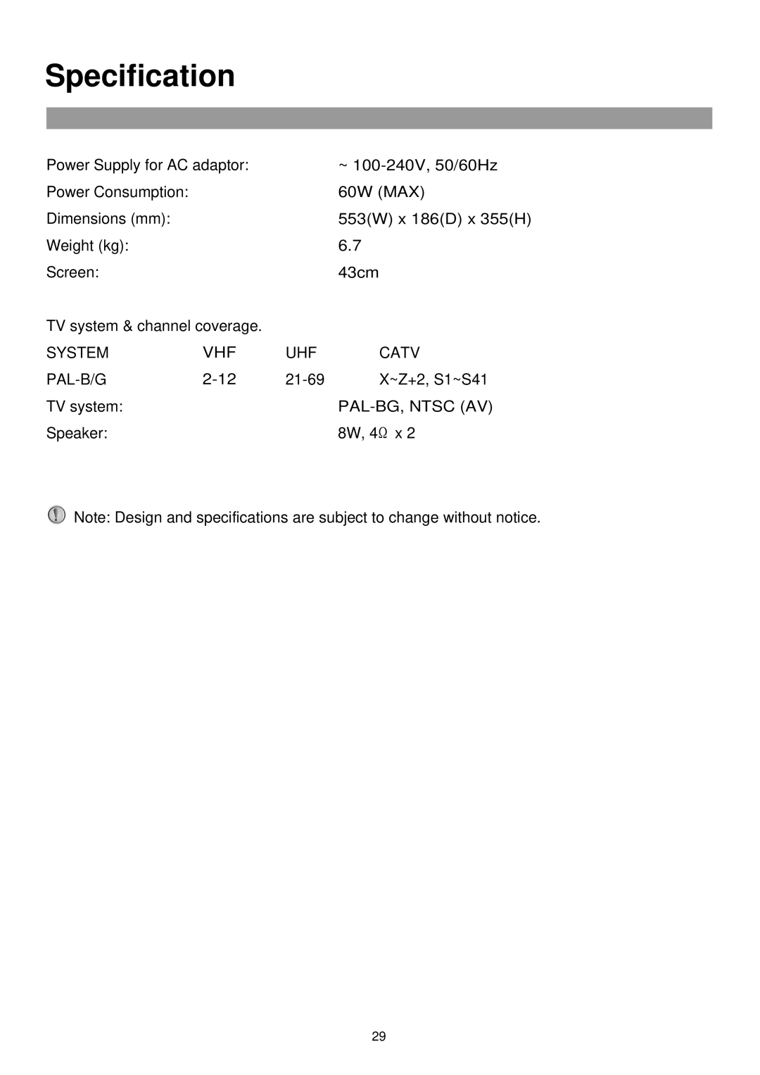 Palsonic TFTV435WS owner manual Specification 