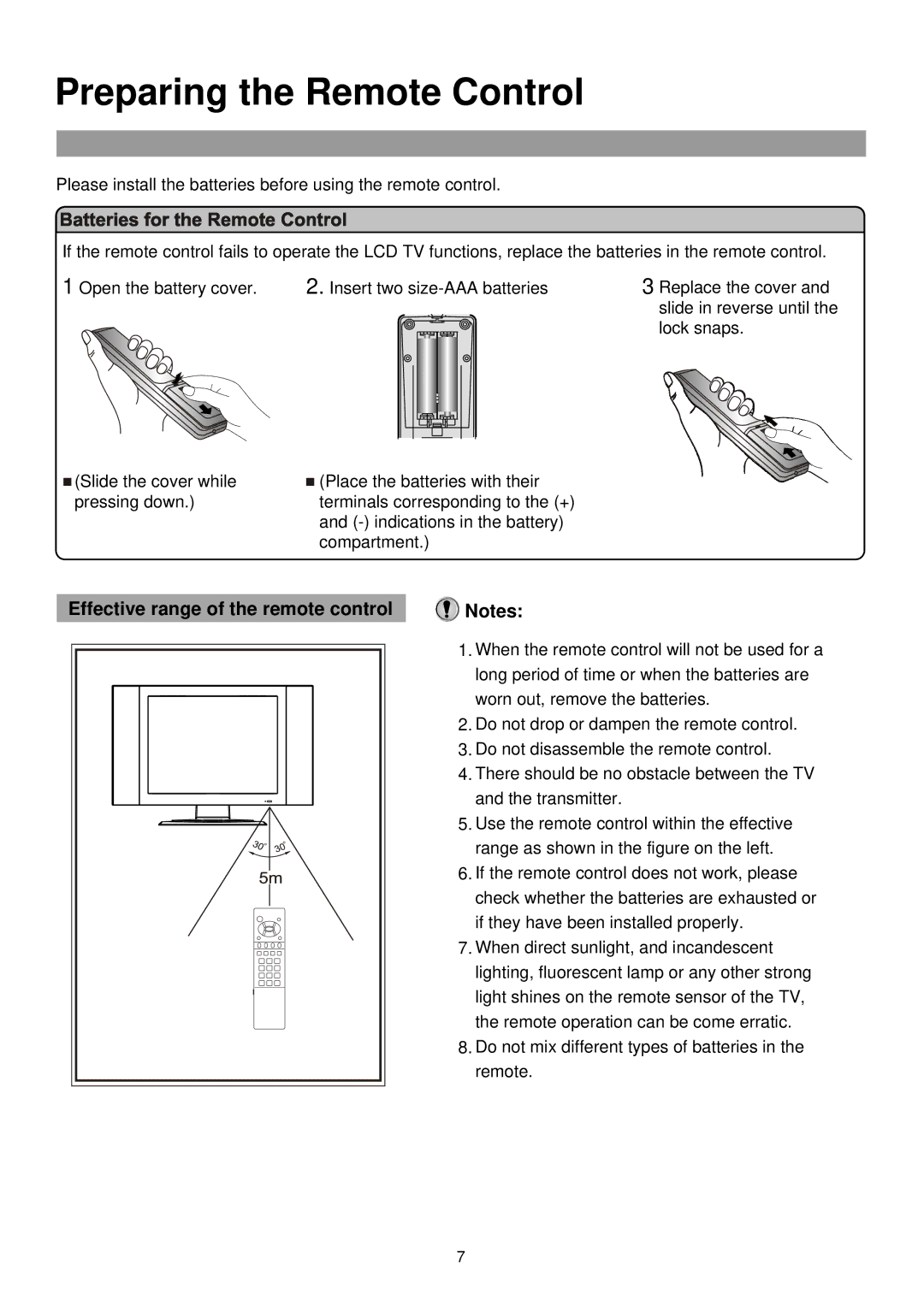 Palsonic TFTV435WS owner manual Preparing the Remote Control, Effective range of the remote control 