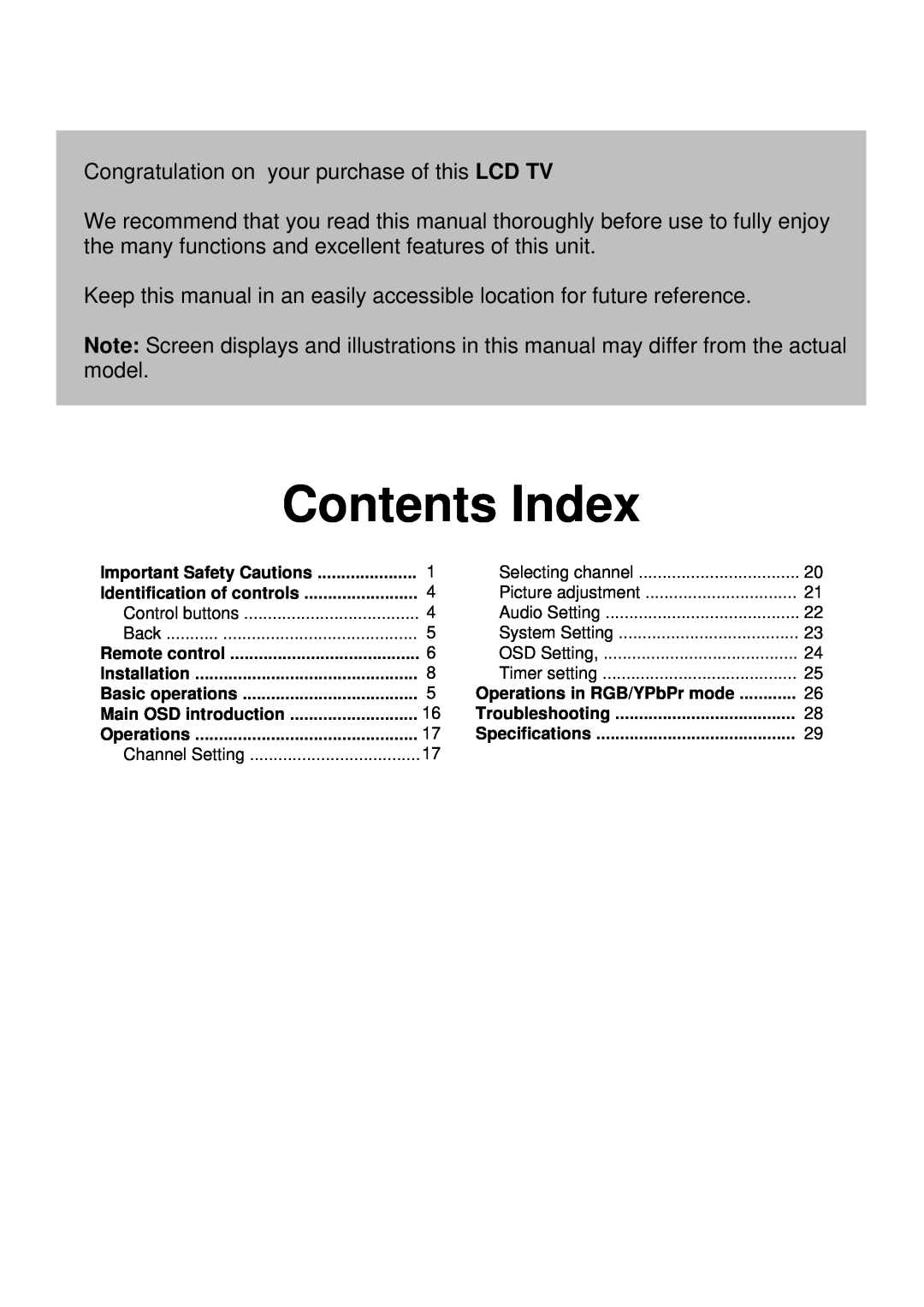 Palsonic TFTV435WS owner manual Contents Index 