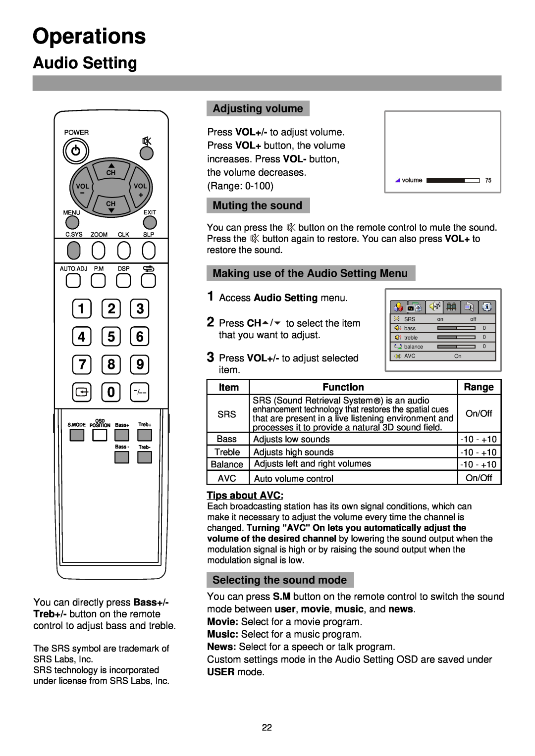 Palsonic TFTV435WS Audio Setting, Operations, 1 2 4 5 7 8, Adjusting volume, Muting the sound, Selecting the sound mode 