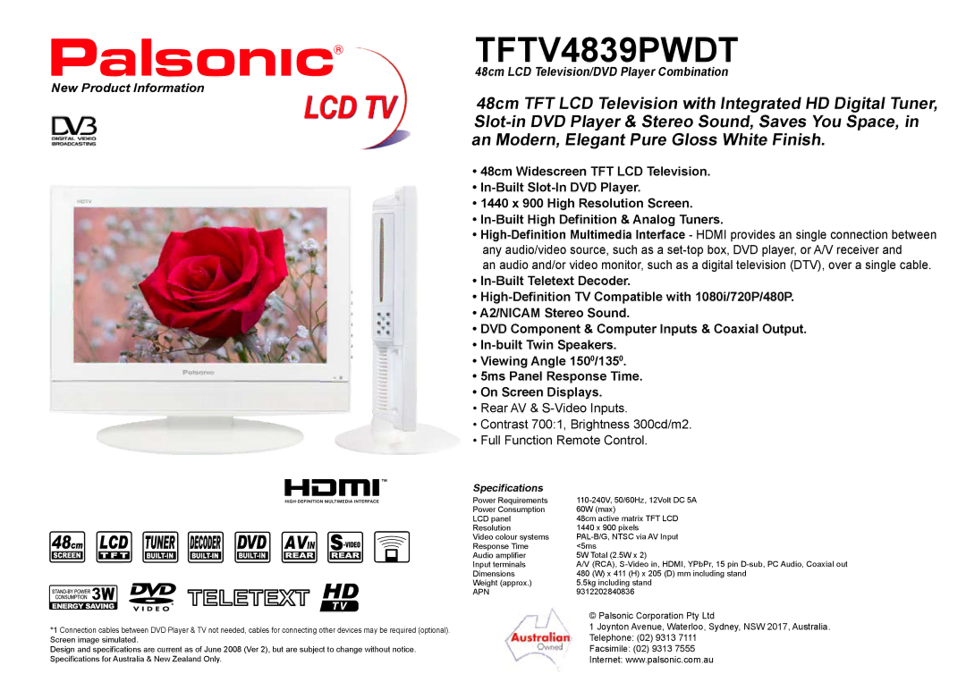 Palsonic TFTV4839PWDT specifications Specifications 