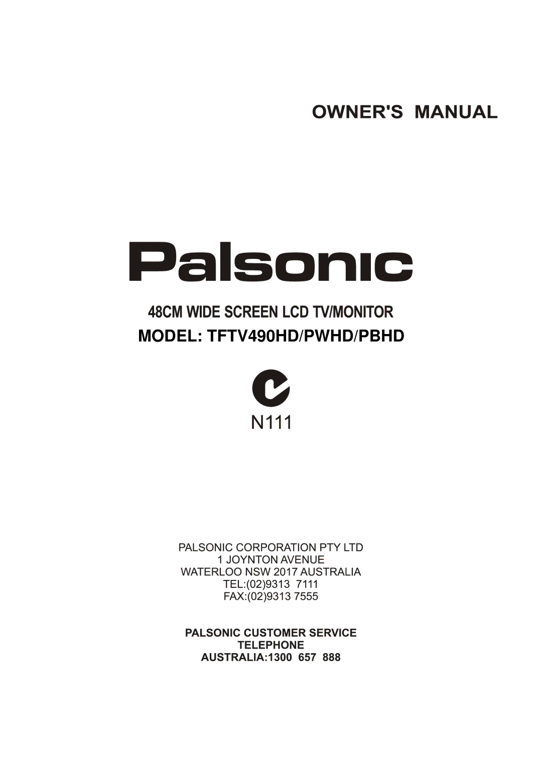 Palsonic TFTV490PWHD manual Model TFTV490HD/PWHD/PBHD 