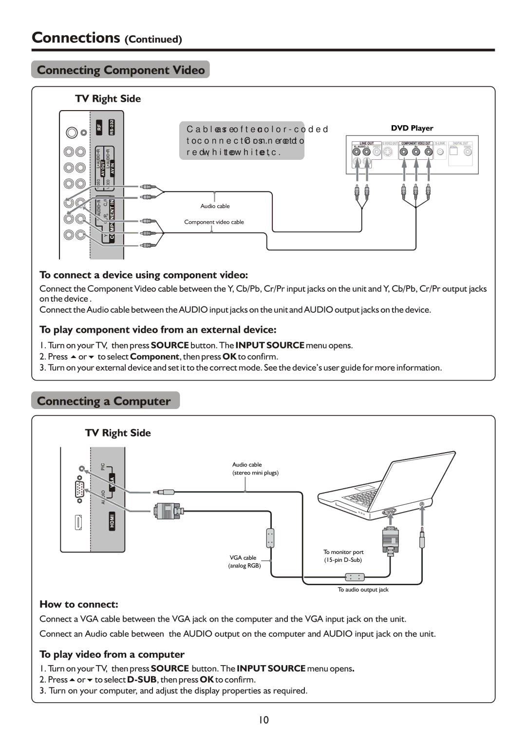 Palsonic TFTV490HD manual Connecting Component Video, Connecting a Computer, To connect a device using component video 