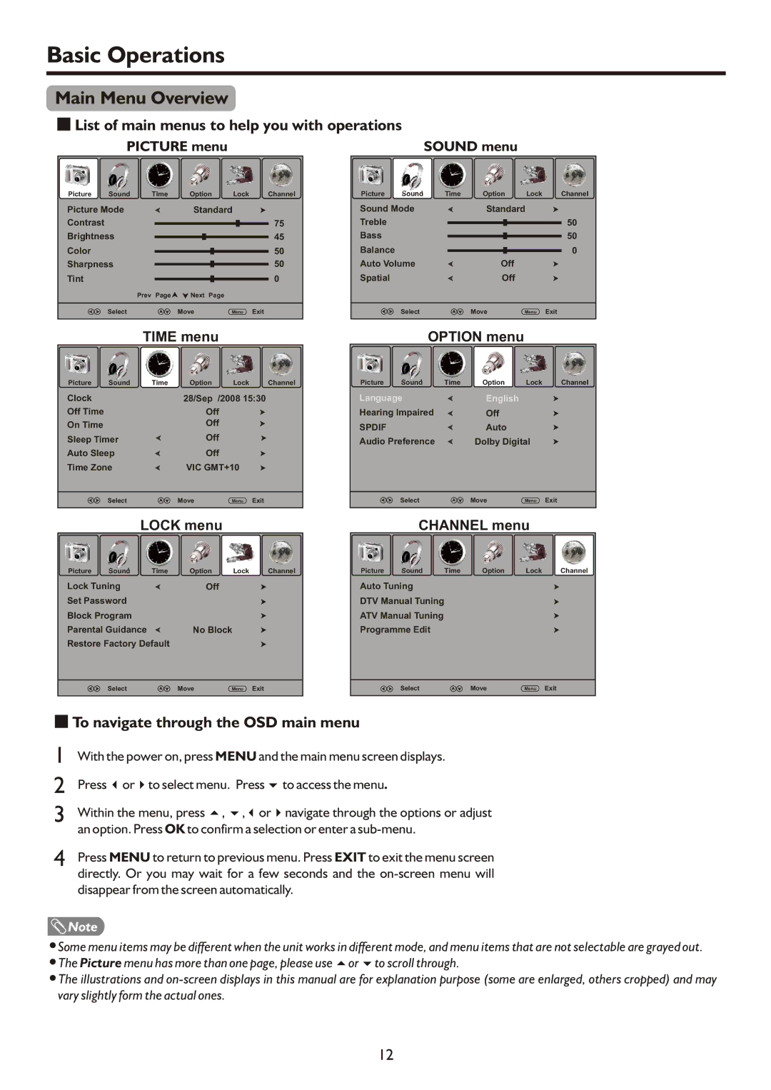 Palsonic TFTV490HD, TFTV490PWHD manual Basic Operations, Main Menu Overview, List of main menus to help you with operations 