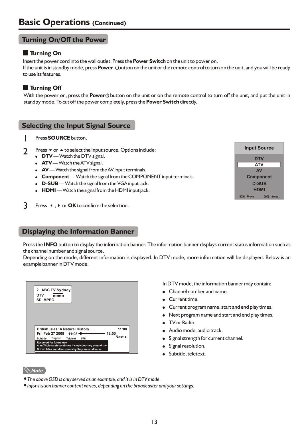 Palsonic TFTV490PWHD manual Turning On/Off the Power, Selecting the Input Signal Source, Displaying the Information Banner 