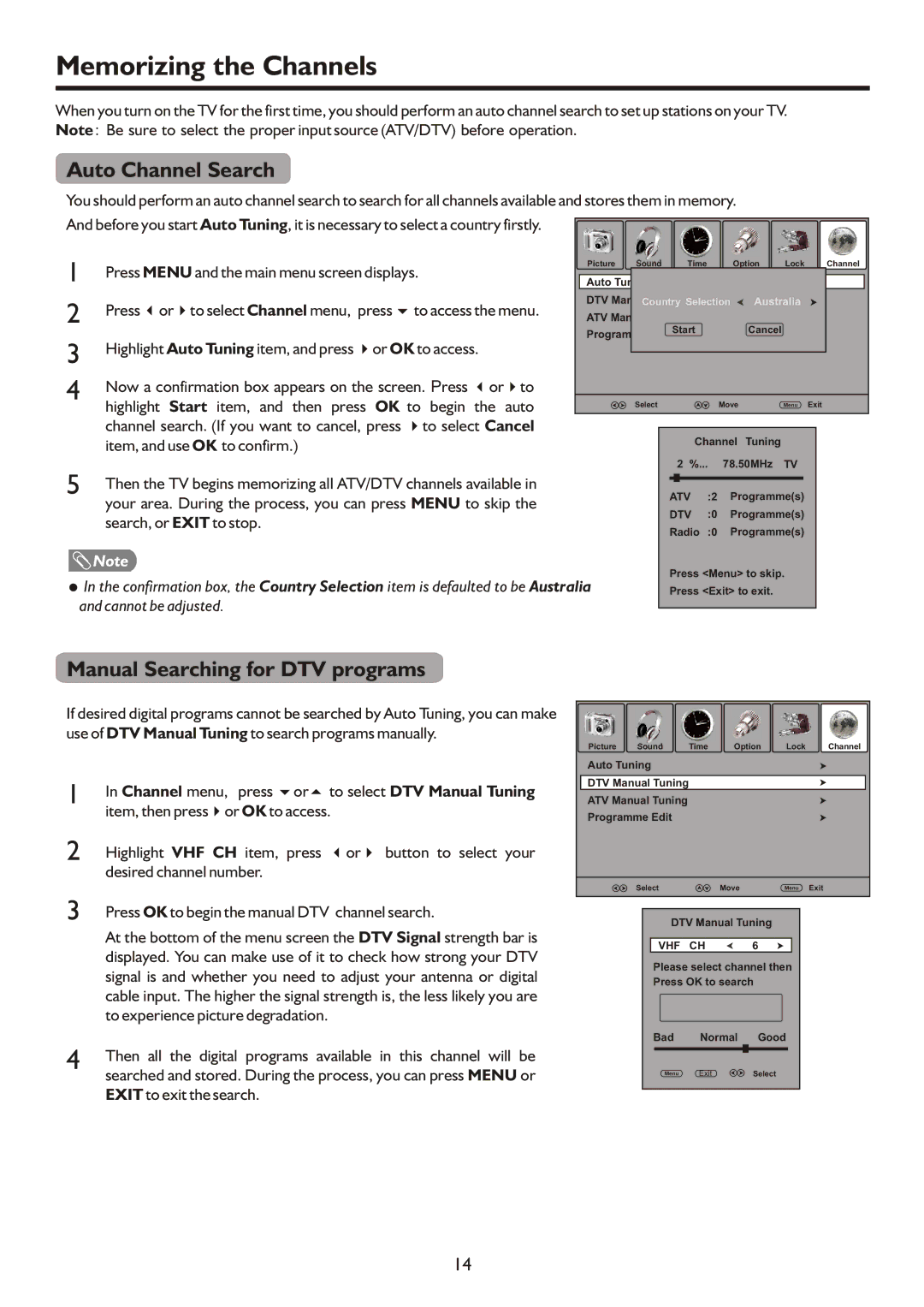 Palsonic TFTV490HD, TFTV490PWHD manual Memorizing the Channels, Auto Channel Search, Manual Searching for DTV programs 