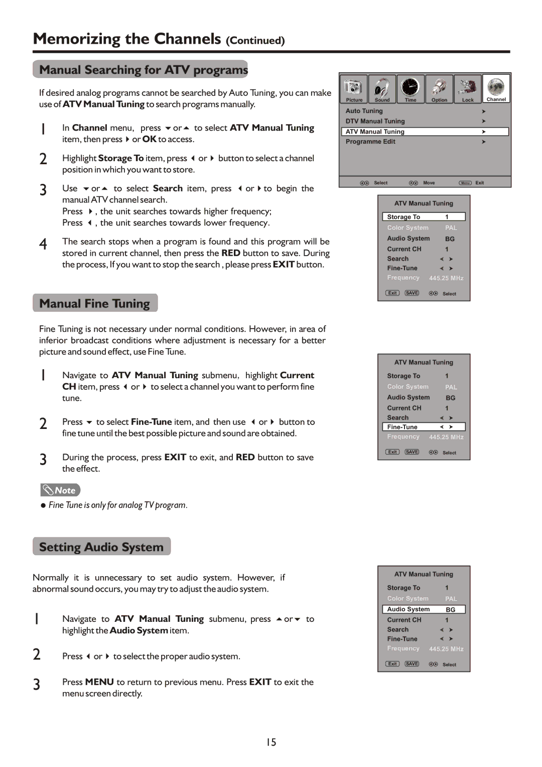 Palsonic TFTV490PWHD, TFTV490HD manual Manual Searching for ATV programs, Manual Fine Tuning, Setting Audio System 