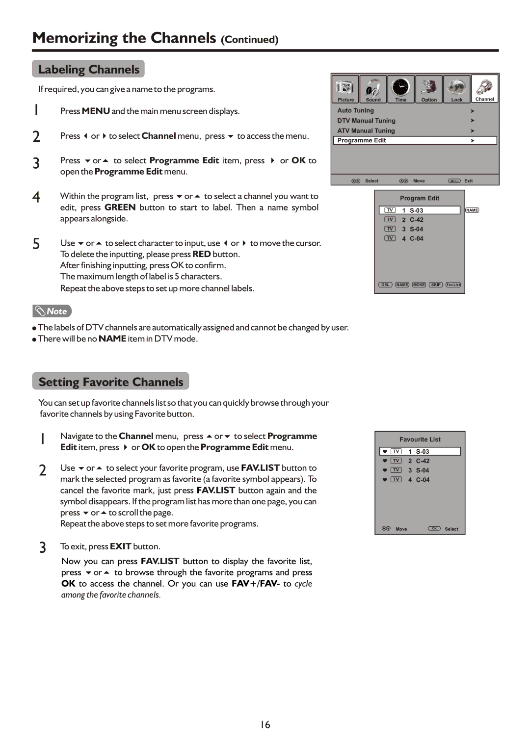 Palsonic TFTV490HD, TFTV490PWHD manual Labeling Channels, Setting Favorite Channels, Open the Programme Edit menu 