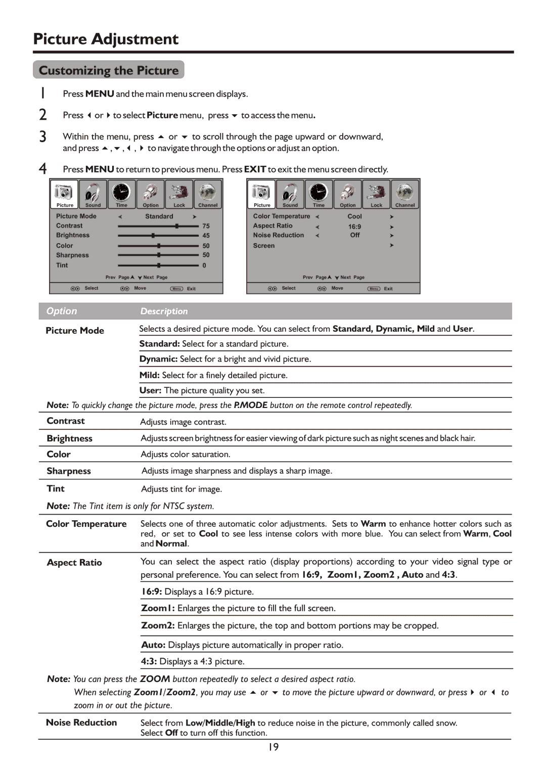 Palsonic TFTV490PWHD, TFTV490HD manual Picture Adjustment, Customizing the Picture 